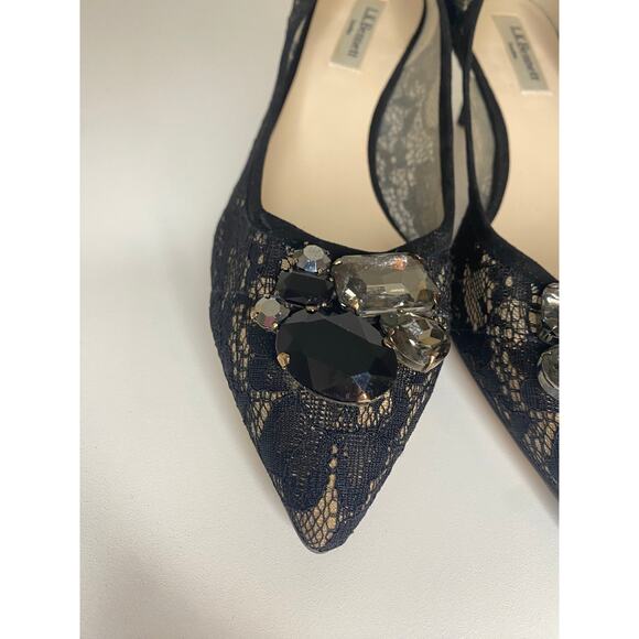 LK BENNETT HEELS 39.5 40 KITTEN BLACK LACE NUDE JULIET SUEDE JEWEL EMBELLISHMENT - Picture 10 of 16